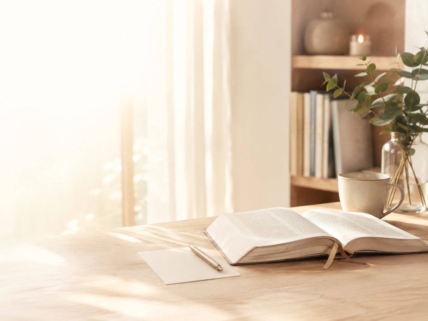 Jasne wnętrze z otwartą Biblią i światłem przy oknie