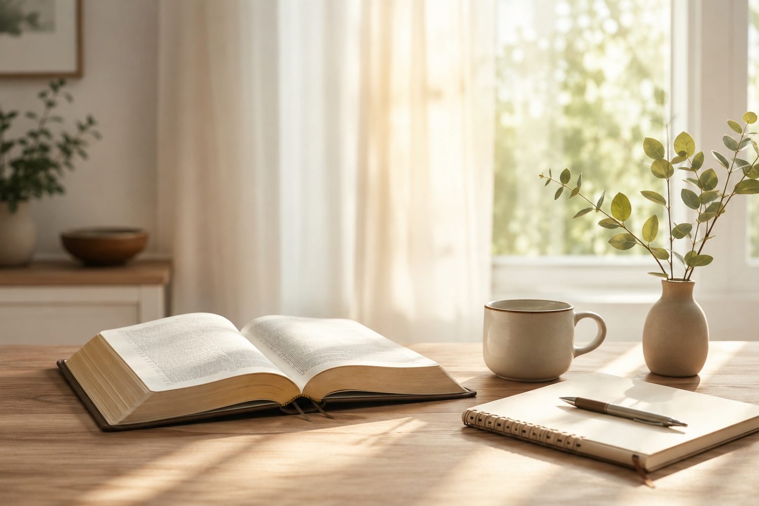 Otwarta Biblia, notes i światło przy oknie